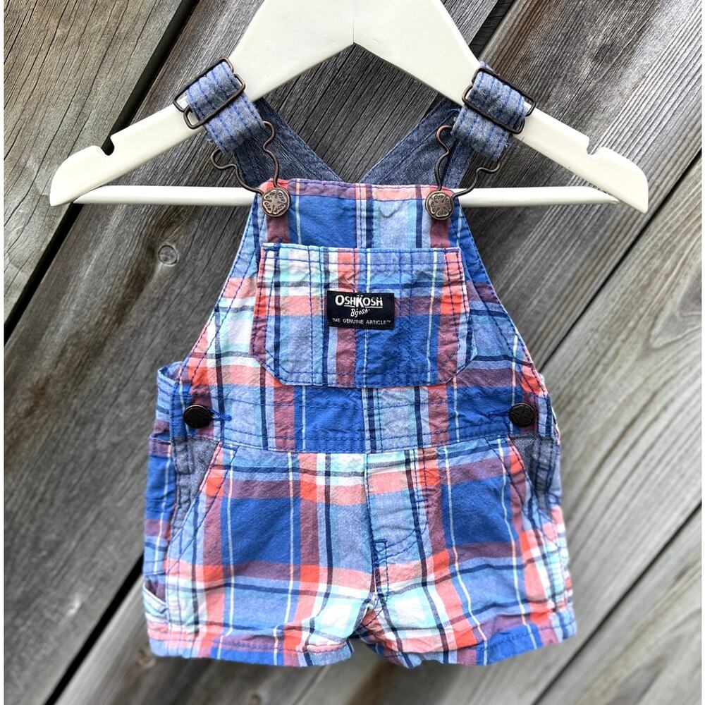 OshKosh B'gosh Plaid Shortalls Kids 3M Blue Orange Excellent‎ Cotton Vestbak
